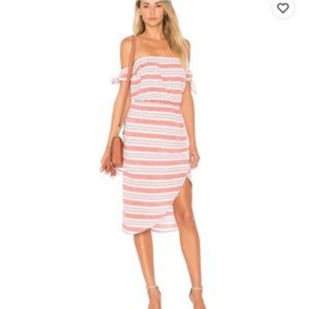 Lovers + friends | Mira off shoulder striped linen pink dress - Small - Assymetr